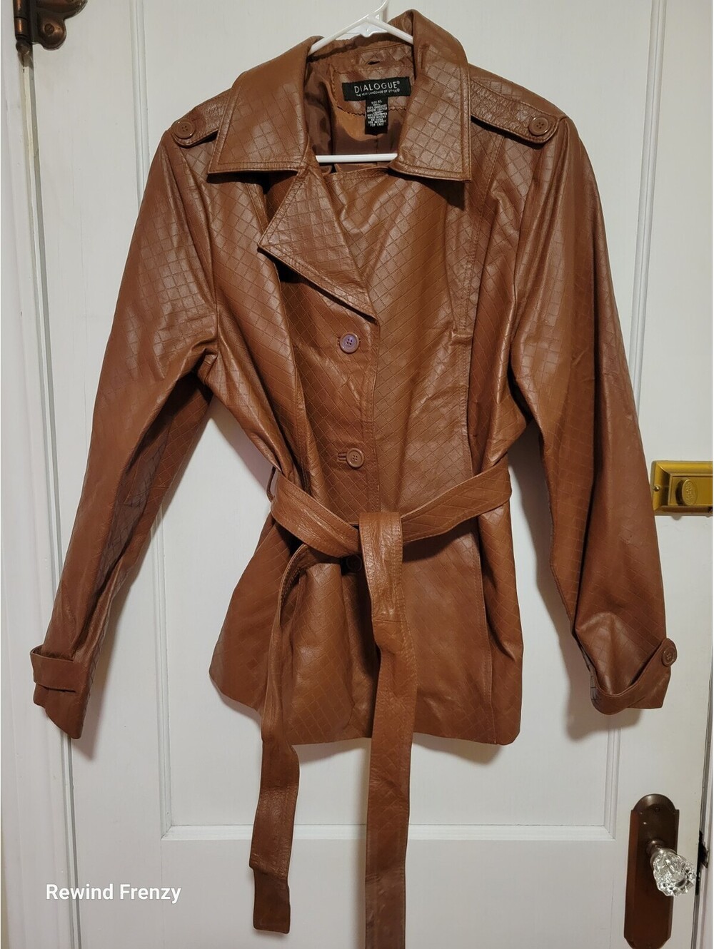 Vintage Dialogue Brown Leather Jacket Embossed Leather with Belt XL 70's-80's